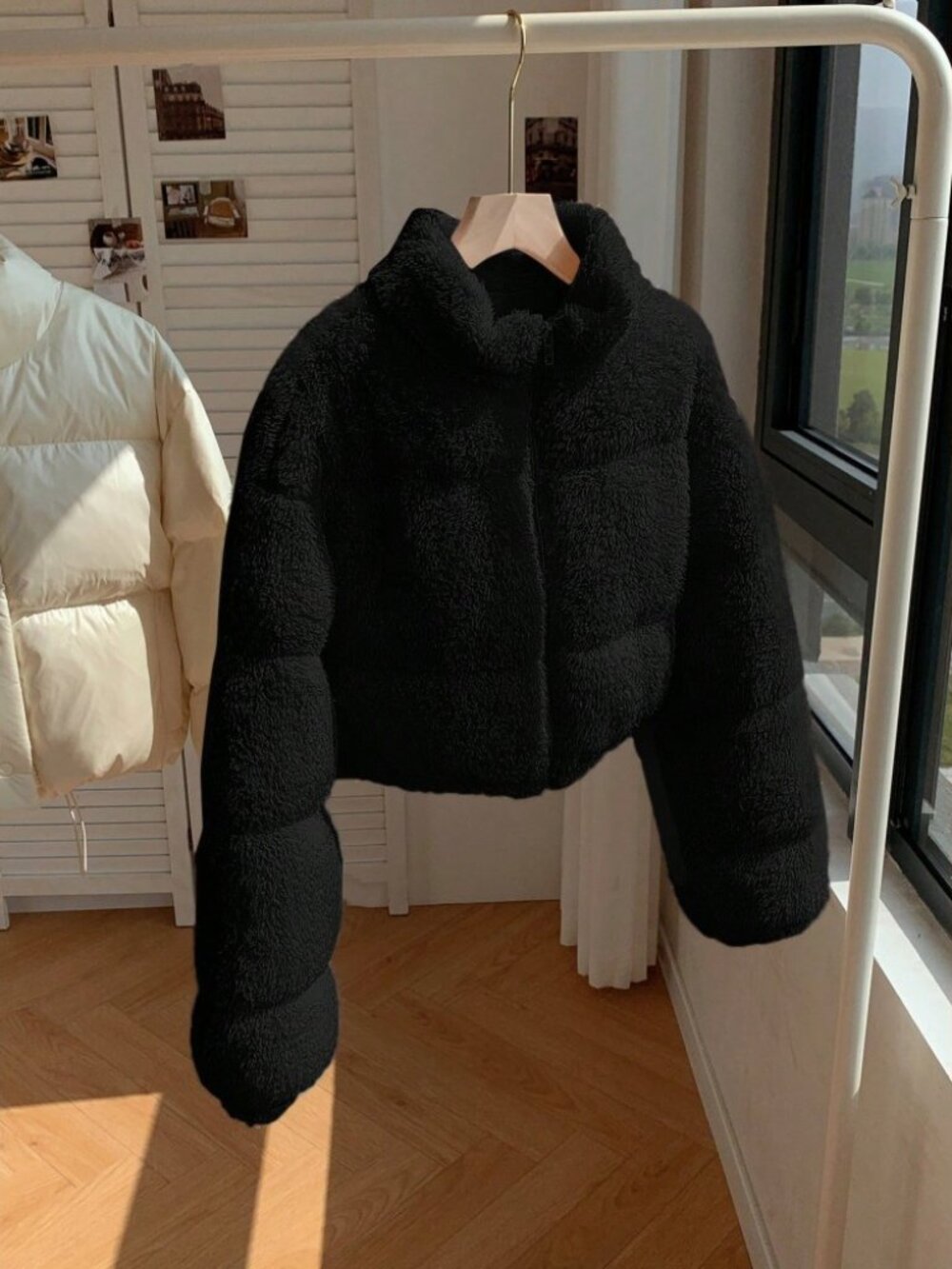 Black Textured Puffer Jacket with Funnel Neck